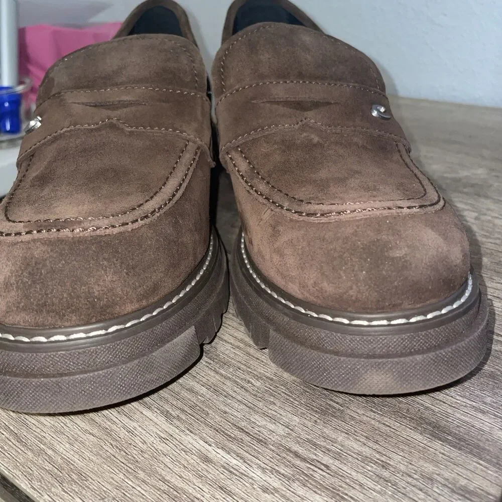 La Canadienne Suede Leather Lug Sole Platform Italy Penny Loafer Brown 10 VNC